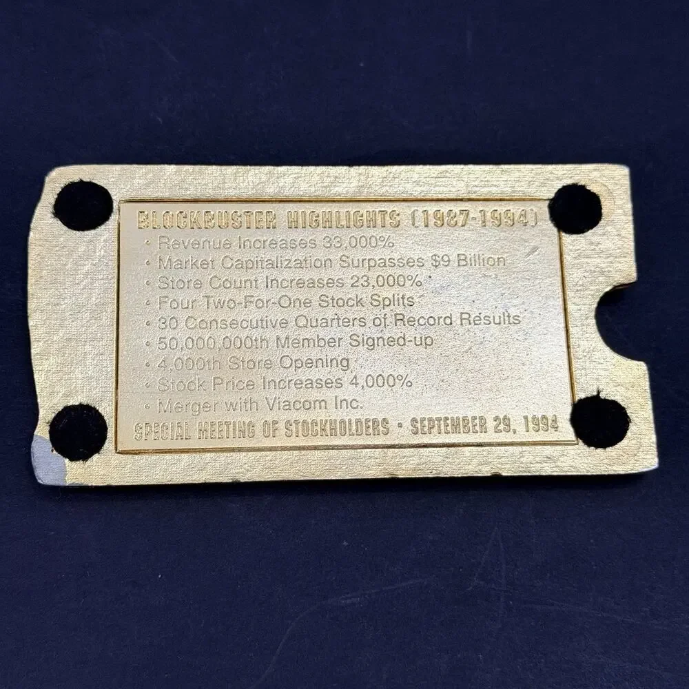 Vintage 1994 Blockbuster Entertainment Shareholder Gold Tone Paper Weight